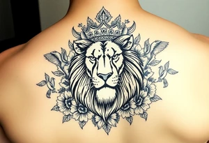 powerful majestic lion with a crown, surrounded by floral ornaments and birds tattoo idea