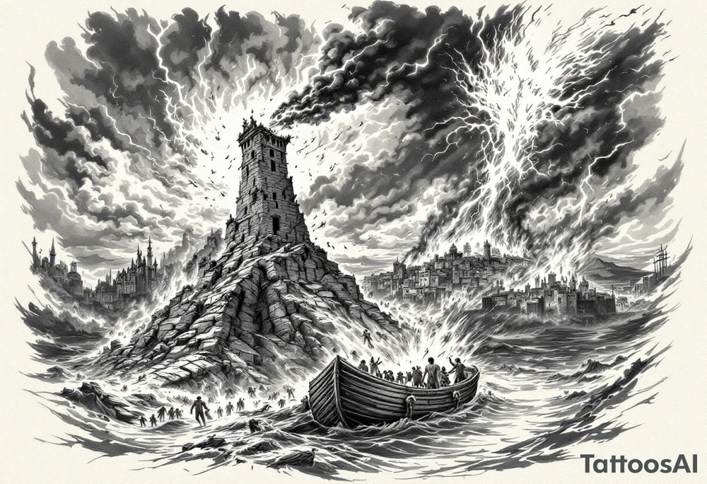 this will be a right arm sleeve.

A crumbling tower struck by lightning, with people scattering in chaos.
Fire raining down from heaven on a burning city, with smoke rising.
A blazing altar with fire falling from heaven
 Floodwaters overtaking the earth, with an ark in the distance. tattoo idea