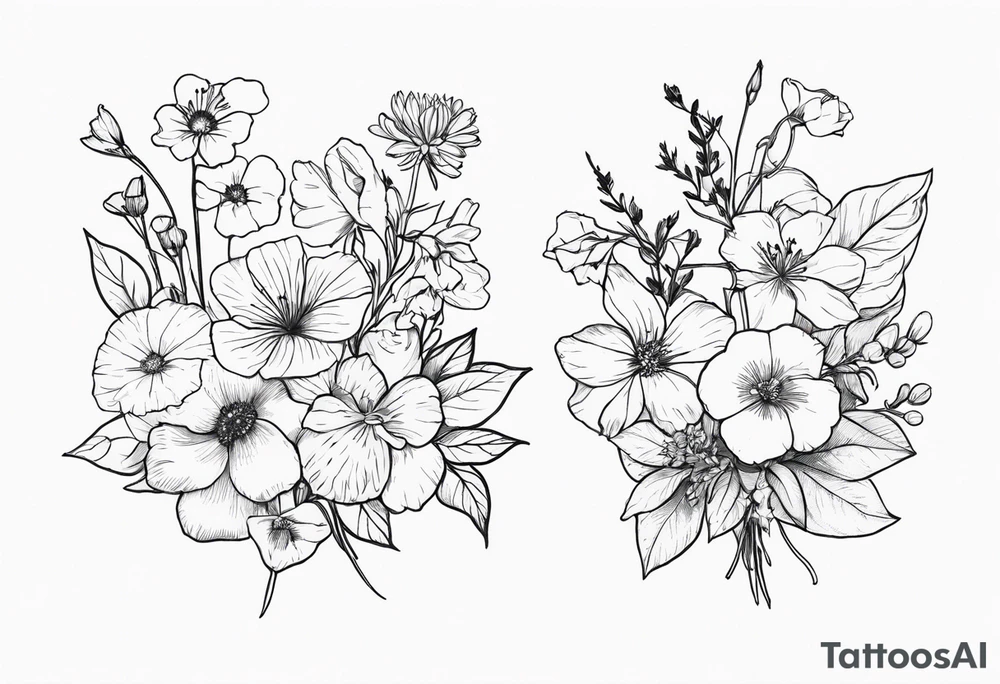 Small, fine line Birth flower bouquet with violets, larkspur, aster, morning glory tattoo idea