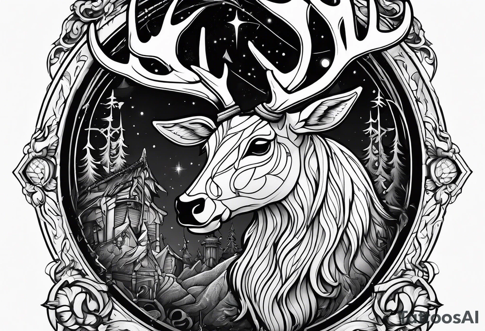 Hooded figure riding on a reindeer skeleton tattoo idea