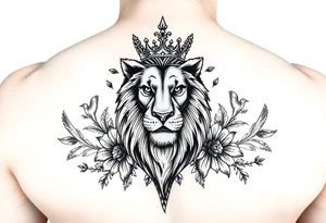 powerful majestic lion with a crown, surrounded by floral ornaments and birds tattoo idea