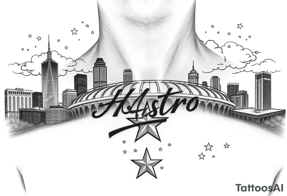 Houston texas skyline Behind houston astrodome, stars nighttime stars and clouds, Houston Astros cursive in sky, Houston Astros star on neck, Benjamin Franklin money roll space suit fill in smoke stars tattoo idea