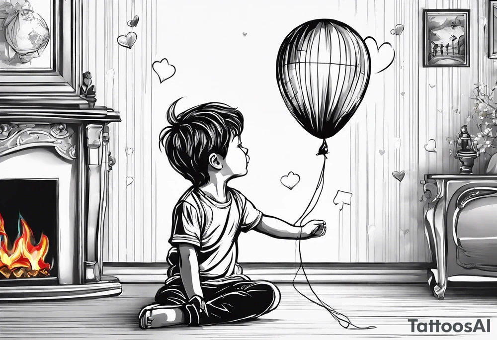 tatoo in sketch style only.
A little boy is holding a string to the hearth shaped small party baloon.
boy should be drawed from behind and has one hand reaching up in 45 degree angle and holding the baloon string
On the string is a wave which look like a hearbeat pulse.
draw it without any scenery, without any background. Just a boy 
Add heartbeat pulse on the string tattoo idea