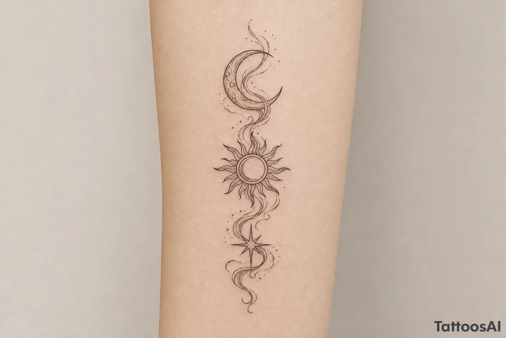 Moon, Sun, and Rising Star in the same red stencil aesthetic, with the smoke weaving through and overlapping each celestial symbol so they feel like a cohesive set for sternum placement. The Rising Star specifically incorporates the same flowing ribbon effect you liked in the Moon and Sun references. tattoo idea