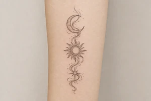 Moon, Sun, and Rising Star in the same red stencil aesthetic, with the smoke weaving through and overlapping each celestial symbol so they feel like a cohesive set for sternum placement. The Rising Star specifically incorporates the same flowing ribbon effect you liked in the Moon and Sun references. tattoo idea