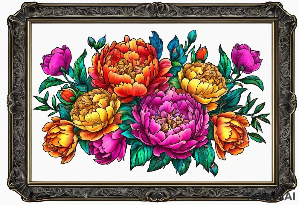 neon colorful peonies,neon colored, surrounding on the outside of a empty beautiful intricate rounded victorian style empty picture frame with filigree tattoo idea