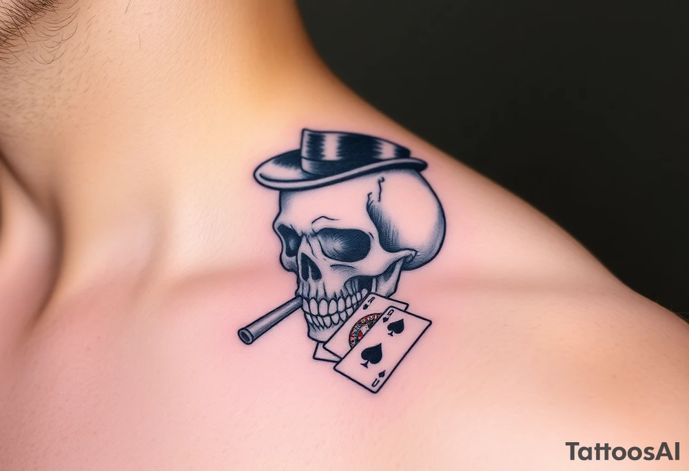 skull with top-hat,cigar in his mouth and playing cards. tattoo idea