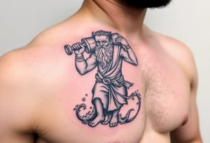 A large humanized god carrying a jar on his shoulder, the jar flows from water to create a marine environment tattoo idea