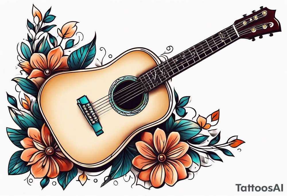 traditional vintage tattoo of guitar simple  flowers tattoo idea