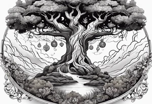 The deity Pan is surrounded by a asymmetric tree, which represents a portal to another world tattoo idea
