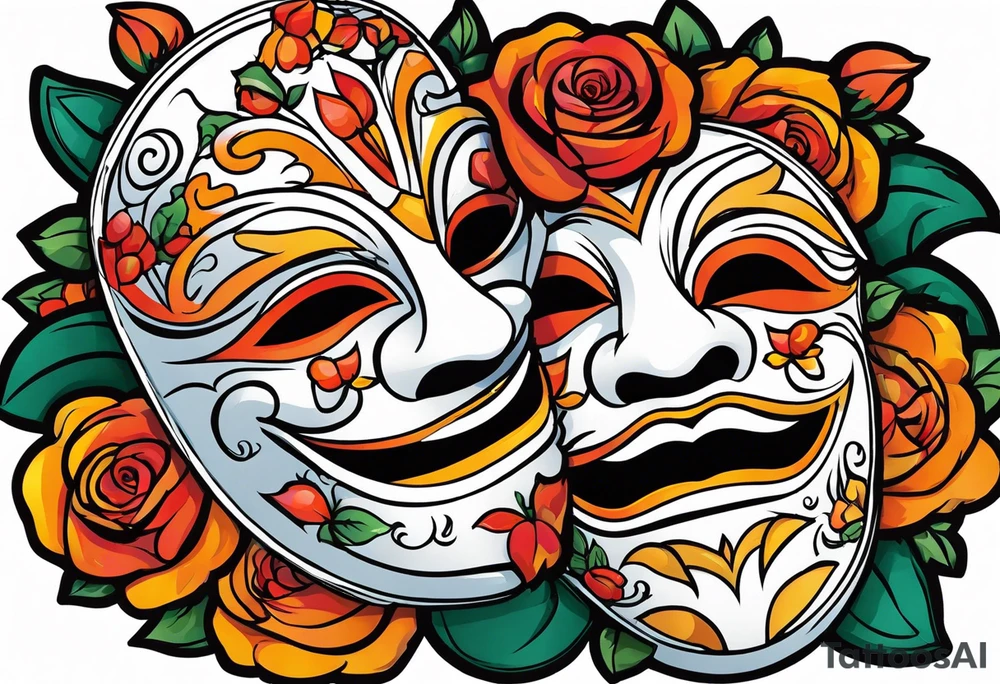 Laughing Male masquerade mask with orange and red roses tattoo idea