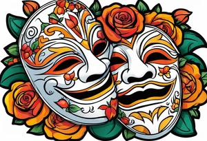 Laughing Male masquerade mask with orange and red roses tattoo idea