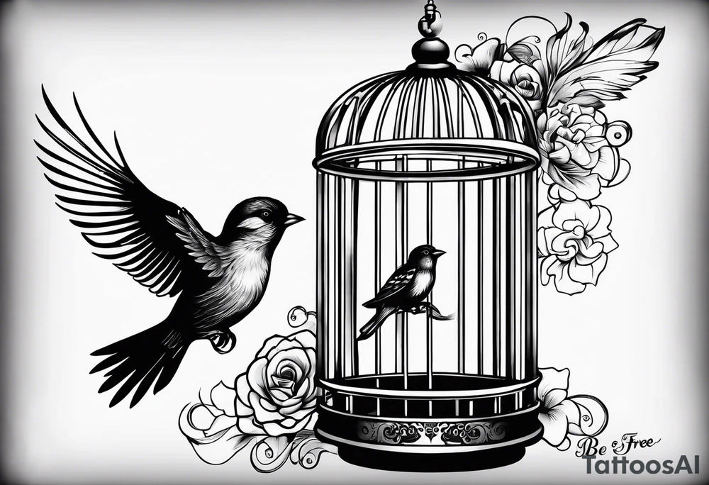An open bird cage with a bird flying out, with the words ‘be free’ tattoo idea