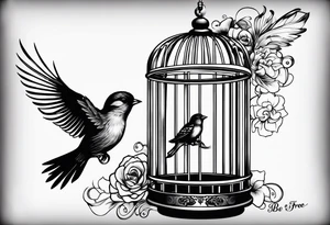 An open bird cage with a bird flying out, with the words ‘be free’ tattoo idea
