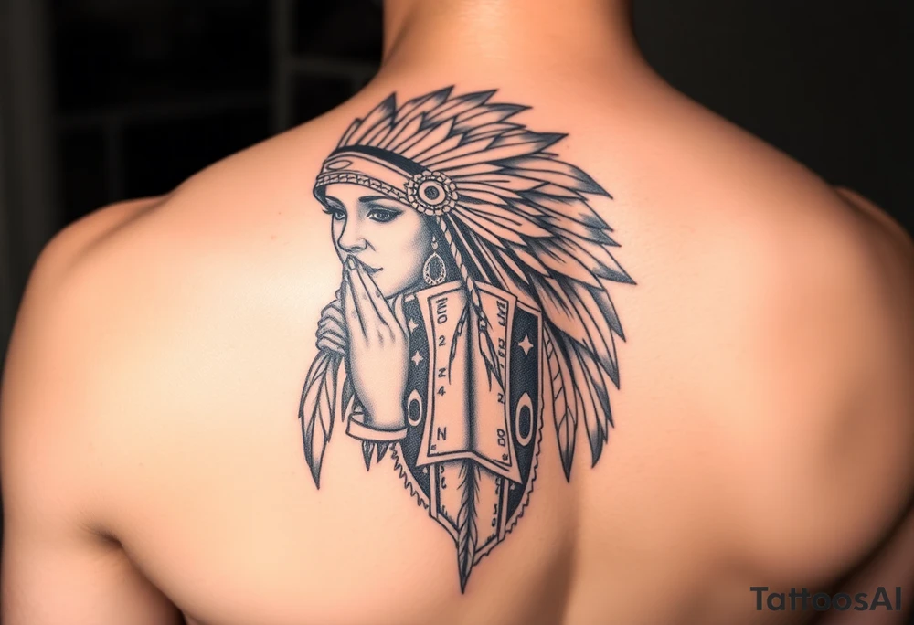 Female indian with wolf headress praying hands 100dollar bills tattoo idea