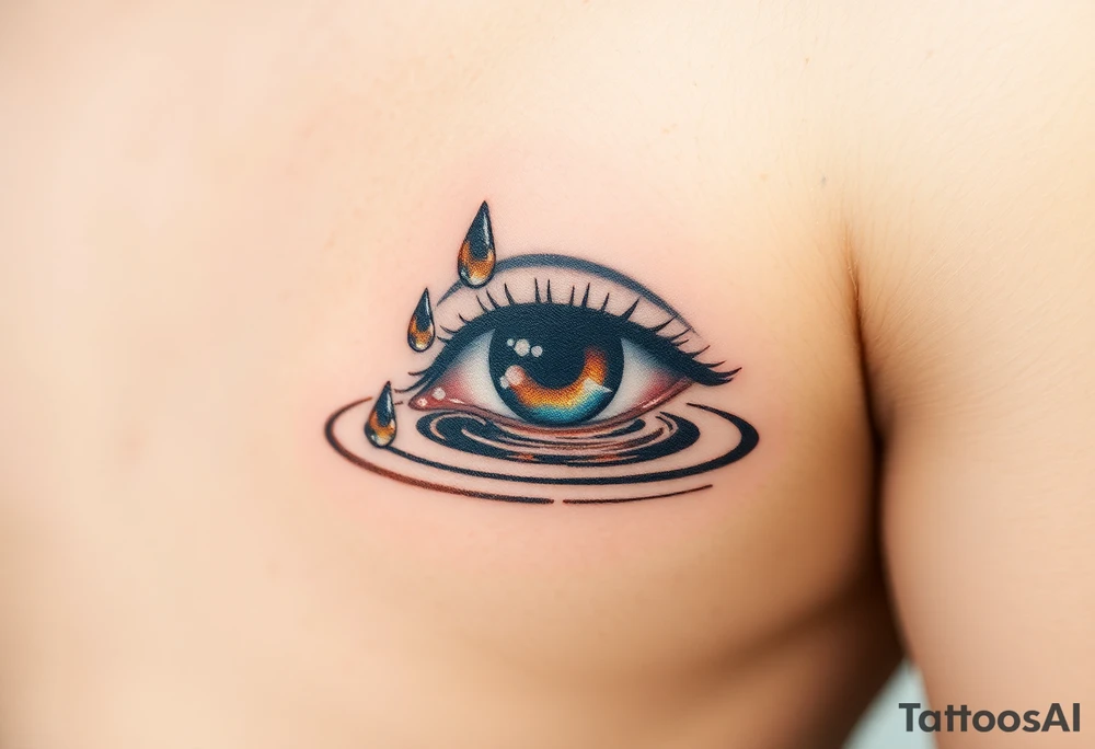 Teary eye A collection of teardrops falling into a still pool, with soft ripples in golden and silver hues, symbolizing how tears spread healing. tattoo idea