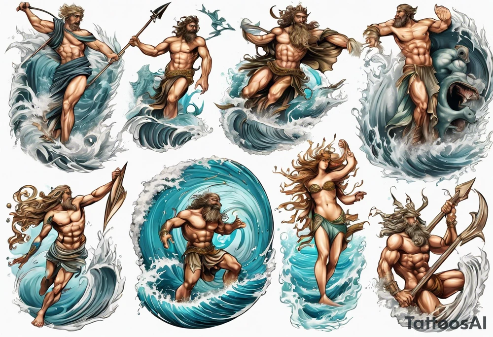 Ancient Greek gods of the sea fighting with surfer  and trident  with other gods and Greek nymphs tattoo idea