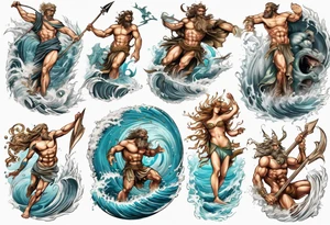 Ancient Greek gods of the sea fighting with surfer  and trident  with other gods and Greek nymphs tattoo idea