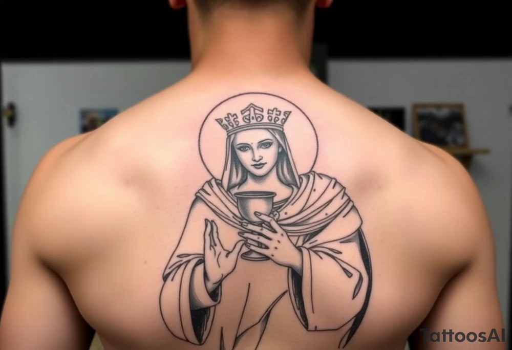 Saint Barbara tattoo holding chalice with tower in background tattoo idea