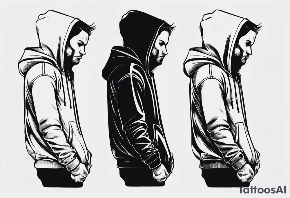 The side view of a person in a hoodie, looking down. tattoo idea