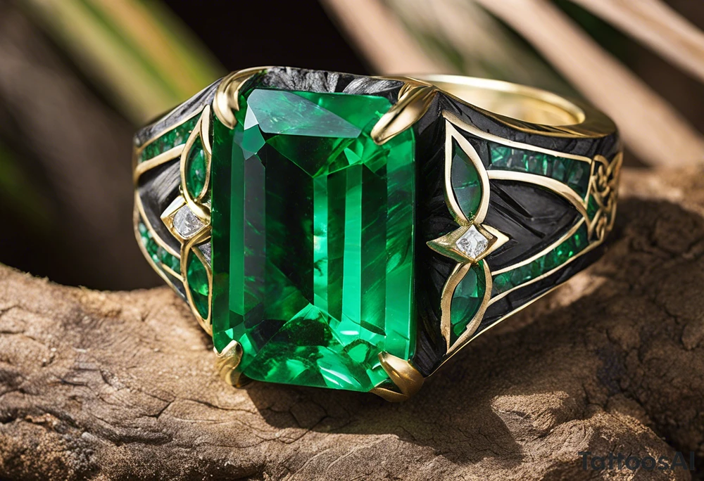Tattoo: A striking Gachala emerald sits at the base of a tall quindio wax palm, which grows resiliently from cracks in rugged, rocky soil. The emerald is the main focal point, symbolizing strength and endurance, while the wax palm, rooted in the soil’s crevices, represents growth and resilience. A small water stream flows gently from the rocks, adding an element of life and nourishment. Style: Surrealism. tattoo idea
