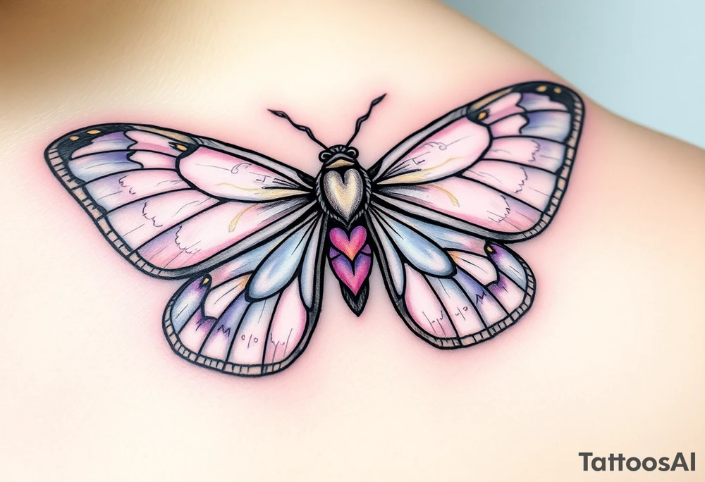 A delicate moth with intricately patterned wings, adorned with soft pastel hues of lavender, pale pink, and light blue. The wings are outlined in fine black ink to accentuate the details, with small golden accents at the tips of the wings, symbolizing enlightenment and transformation. In the center of the moth’s body, a small heart-shaped symbol is subtly integrated, representing love. tattoo idea