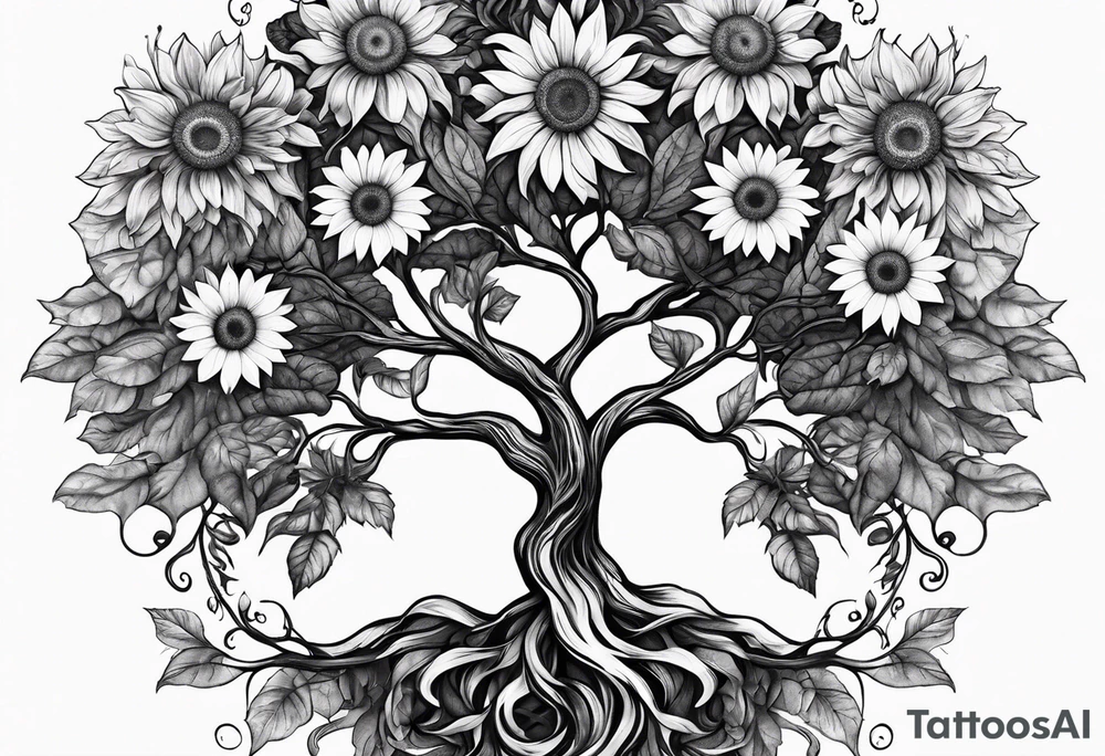Feminine Yggdrasil tree with 2 sunflowers tattoo idea