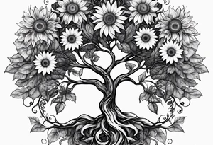 Feminine Yggdrasil tree with 2 sunflowers tattoo idea