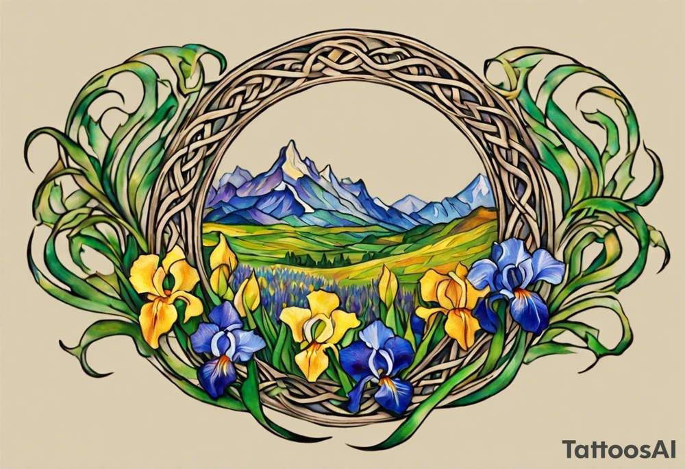 Create a small, colorful Vincent van Gogh Irises tattoo in the form of a crescent, with vines in Celtic knot style gracefully intertwining at a central point in the middle of the wreath. The intended placement is on the upper chest. The middle needs mountains. The overall design should be small in size while maintaining a delicate and artistic aesthetic. Pay attention to the graceful flow of the vines and the placement of the irises to achieve a refined and elegant look. tattoo idea