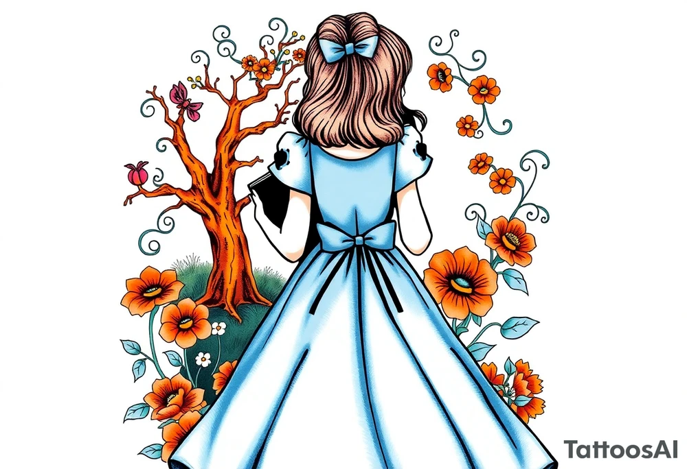 Alice (from Alice in wonderland) silhouette wearing a blue dress. Perspective from the back. She is caring a book, entering a garden with flowers and an orange tree tattoo idea