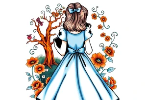 Alice (from Alice in wonderland) silhouette wearing a blue dress. Perspective from the back. She is caring a book, entering a garden with flowers and an orange tree tattoo idea