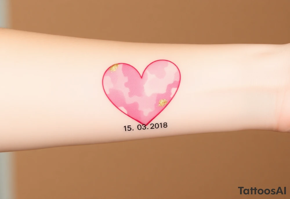 A soft watercolor heart in pastel pink and ivory, with golden dust accents, with wedding date 15.03.2018 tattoo idea