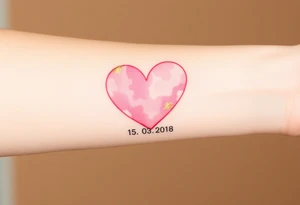 A soft watercolor heart in pastel pink and ivory, with golden dust accents, with wedding date 15.03.2018 tattoo idea