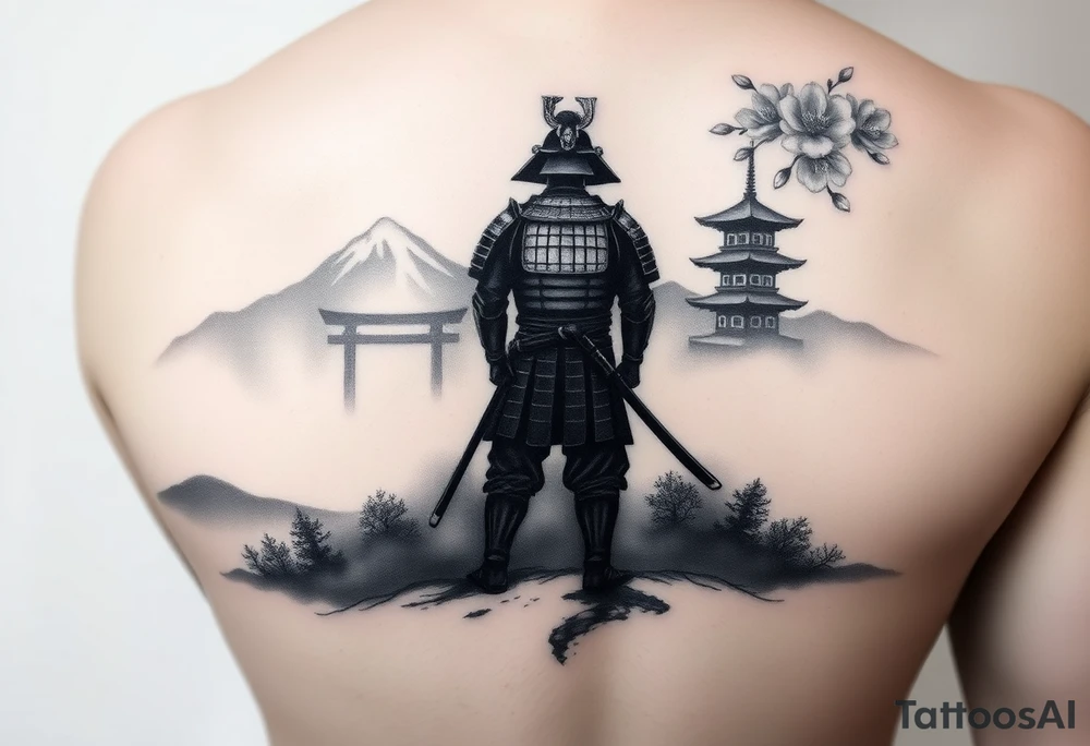 This upper arm continuation begins directly above the jagged treetop skyline, using the existing negative space as low-lying mist. From this fog emerges a grayscale mountain range, with fading silhouettes to maintain the tattoo’s moody depth. A lone samurai in traditional armor stands within the mist, his dark silhouette blending naturally with the scene below. Behind him, subtle outlines of a torii gate and a distant pagoda rise gently into view. Lightly drifting cherry blossoms and peonies, rendered in delicate grayscale linework, float upward through the mist, adding flow without breaking the wintery, monochrome aesthetic. tattoo idea