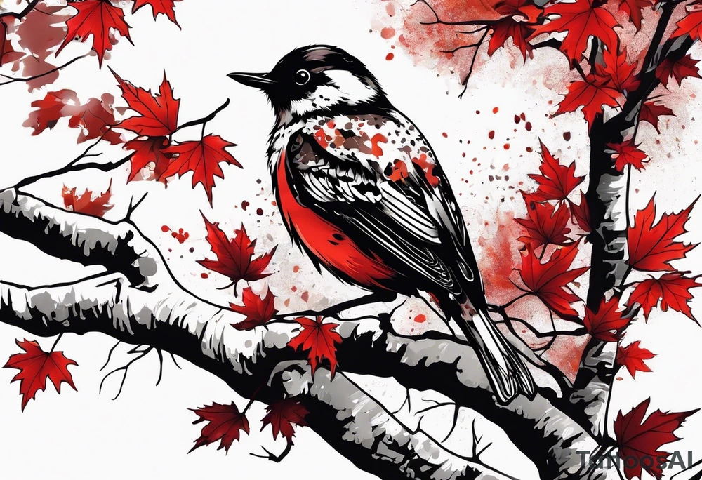 trash polka style. Arm tattoo. chest tattoo. Long tattoo. large tattoo. Full sleeve. Shoulder. A single large maple tree with red autumn leaves that branches upwards from wrist to shoulder. White-throated dipper bird on the trees branches. Calluna flowers at the base of the trees stem. Leaves falling. tattoo idea