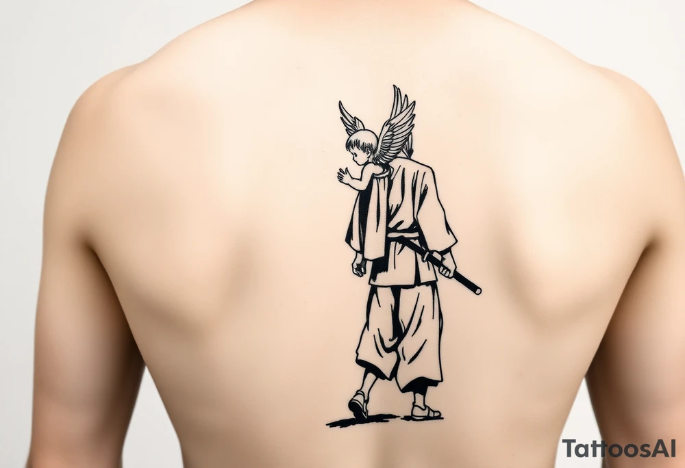 "Blackwork tattoo sketch of a lone samurai walking forward, shown in dramatic silhouette style. The samurai wears traditional kimono and hakama, holding a katana in one hand with the blade pointing downward. Behind him floats a small child angel with detailed feathered wings, gently touching the samurai’s back with one hand, as if stopping or guiding him. Strong contrast, dynamic ink splatter, rough brush strokes, Japanese sumi-e vibe, emotional and symbolic composition, high detail linework, no background." tattoo idea
