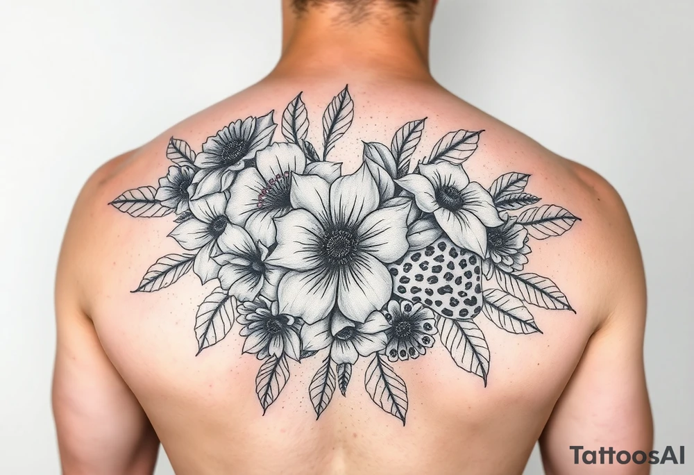 Arm sleeve with a variety of flowers and leopard print filler tattoo idea