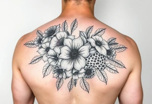 Arm sleeve with a variety of flowers and leopard print filler tattoo idea