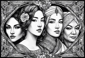 three person side by side. a really young Daughter on the left, mother in the middle, really old grandmother on the right. greater age difference, in an artfully decorated frame tattoo idea