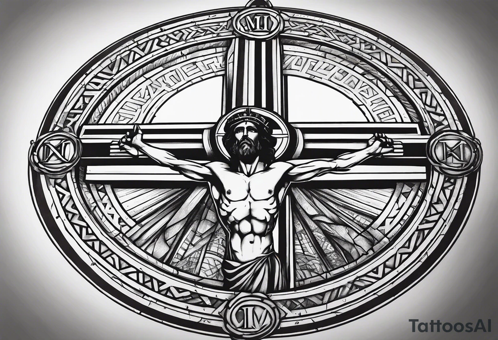 Crucified man in roman numerals circle tattoo idea
