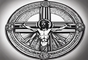 Crucified man in roman numerals circle tattoo idea