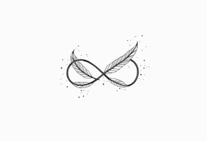 infinity symbol woven with floating feathers and stardust tattoo idea