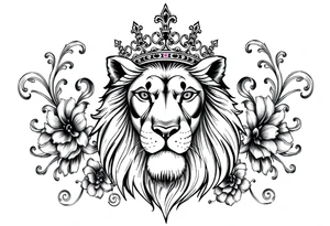 majestic lion wearing ornate crown, surrounded by baroque flourishes tattoo idea