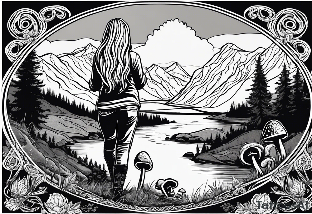 Whole picture encircled fully

Straight long blonde hair hippie girl in distance holding mushrooms in hand facing away toward mountains and creek surrounded by mushrooms long sleeve shirt and hiking pants; whole rendering within a full celtic circle border, no cut off circle tattoo idea