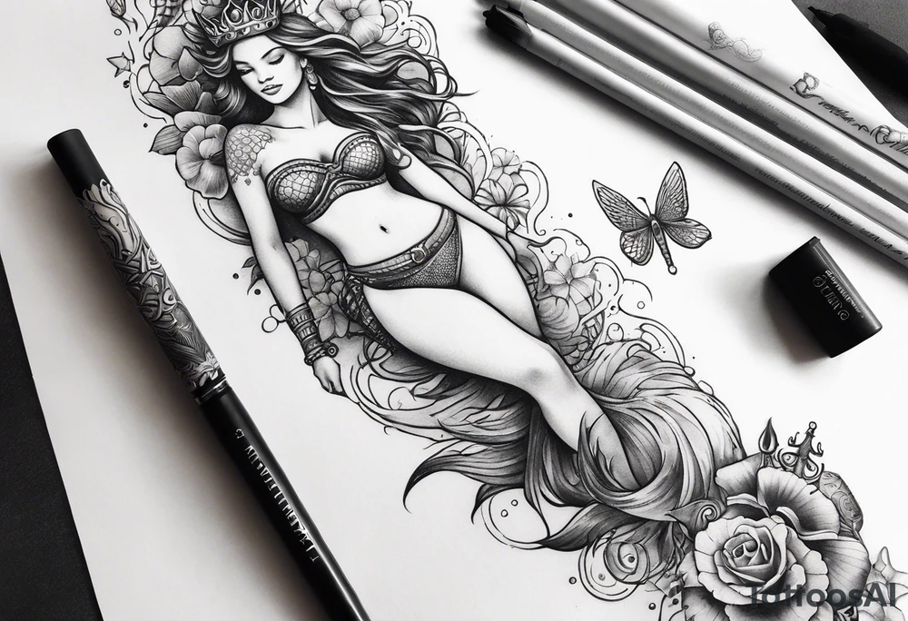 Lower leg tattoo. Mermaid with trident and crown, sea turtle, compass, shells, flowers, cresent moon tattoo idea