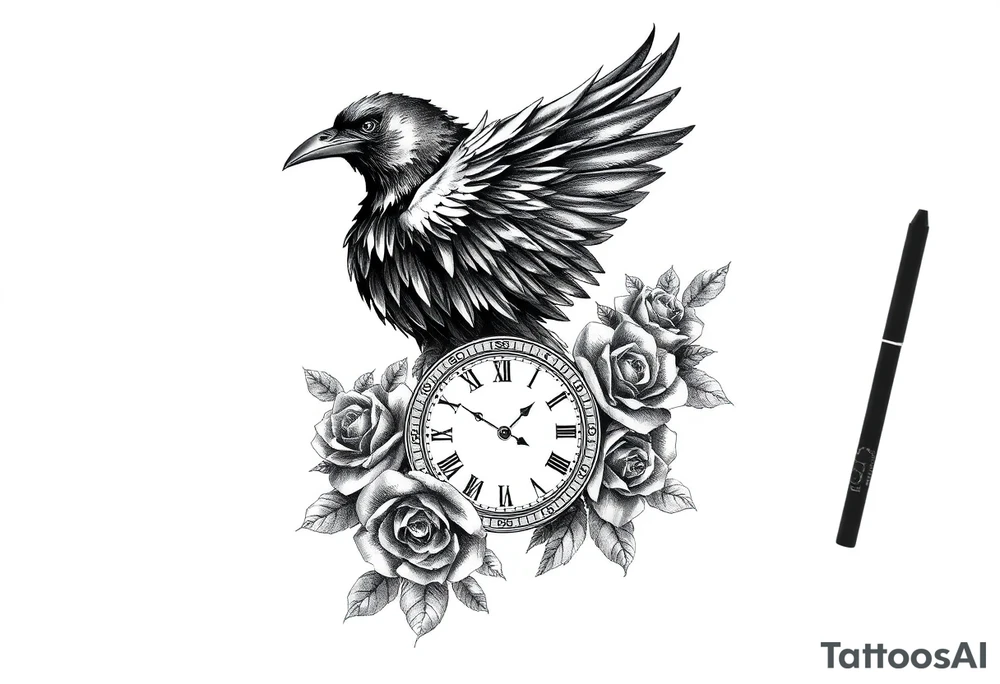 raven,roses,clock. tattoo idea