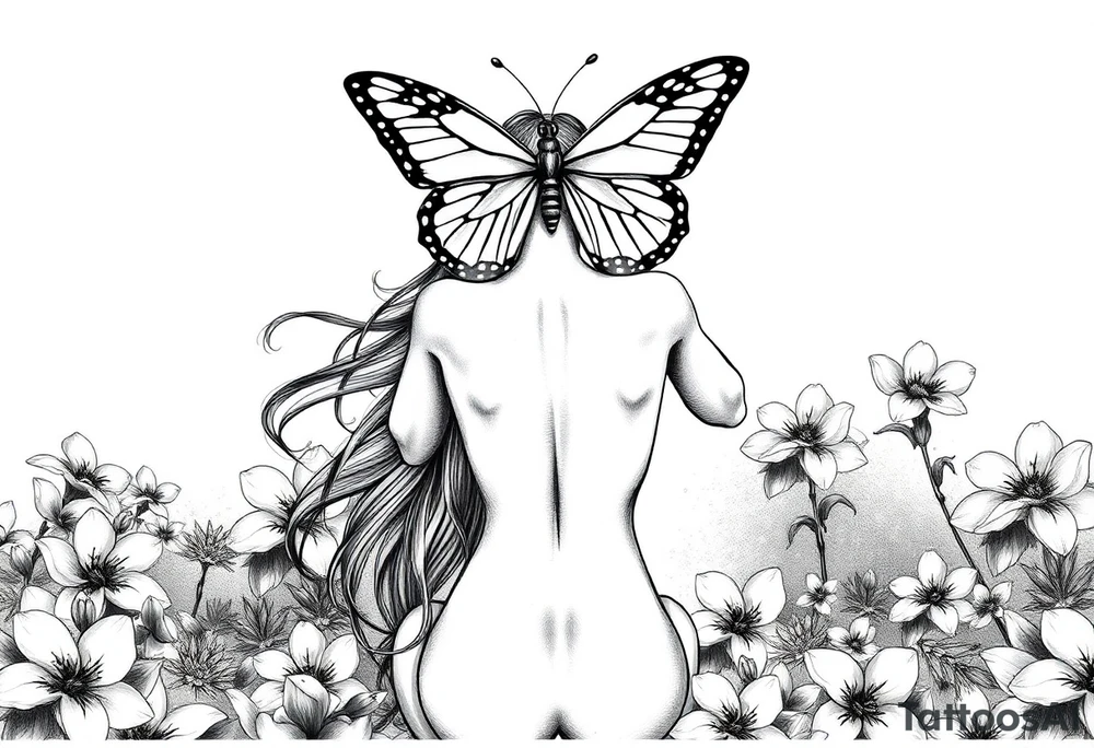 Women whos hands are to her ears with her long hair flowing in the wind and dow. Her back while the is kneeling naked on her knees in a beautiful garden surrounded by pink plumeria surrounding her the women has both  her hands covering both her ears and above her a big beautiful butterfly that's right above her head so the butterflys wings covers only cobers her eyes not her nose or mouth or and does cover her hands to her ears the butterfly lower part of its wings is  like a blind fold and her lips and sown shut tattoo idea
