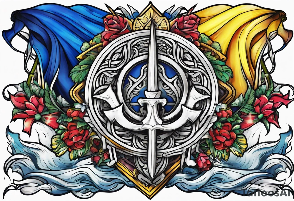 flag and Ukrainian trident fantasy tattoo idea