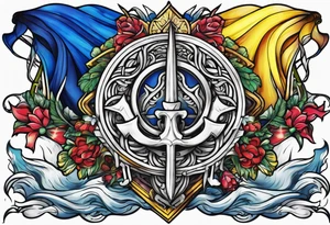 flag and Ukrainian trident fantasy tattoo idea