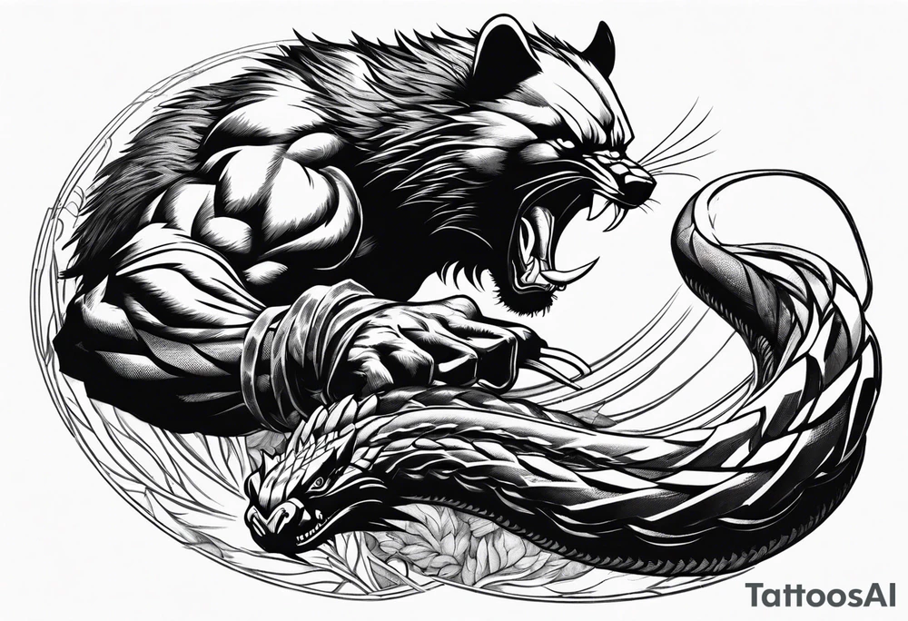 A wolverine animal fighting a snake with a vertical layout to go from shoulder to bicep tattoo idea